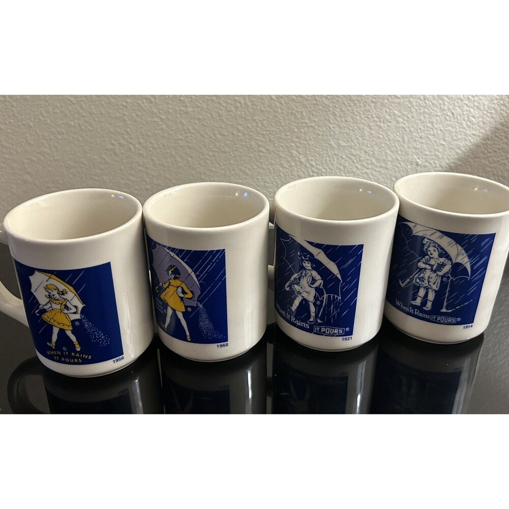 MORTON SALT 150 Years Commemorative Ceramic Coffee Cup Mug Set of 4 vintage
